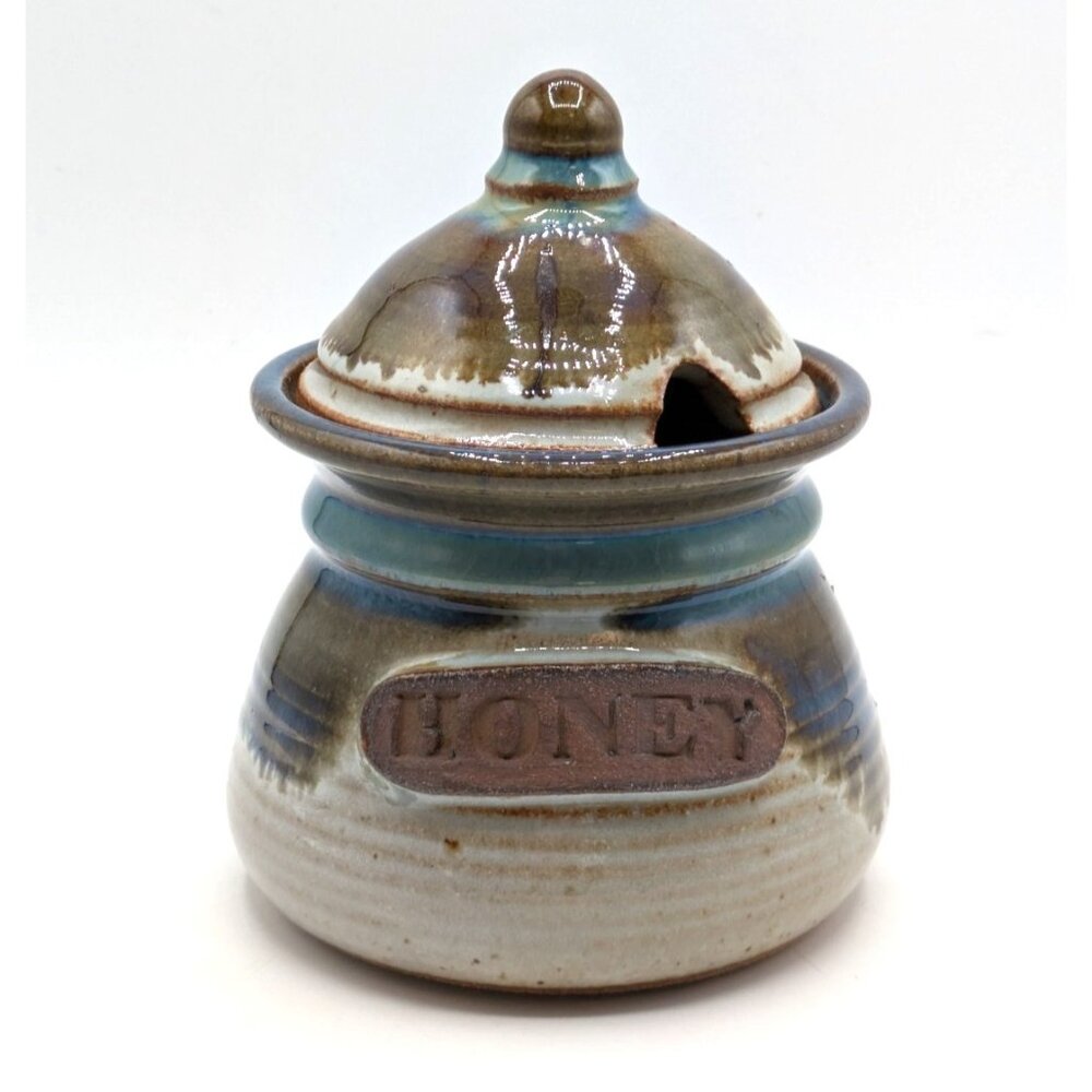 Stoneware Glazed Studio Art Pottery Honey Pot Jar With Lid Signed Red Duck 5.5"